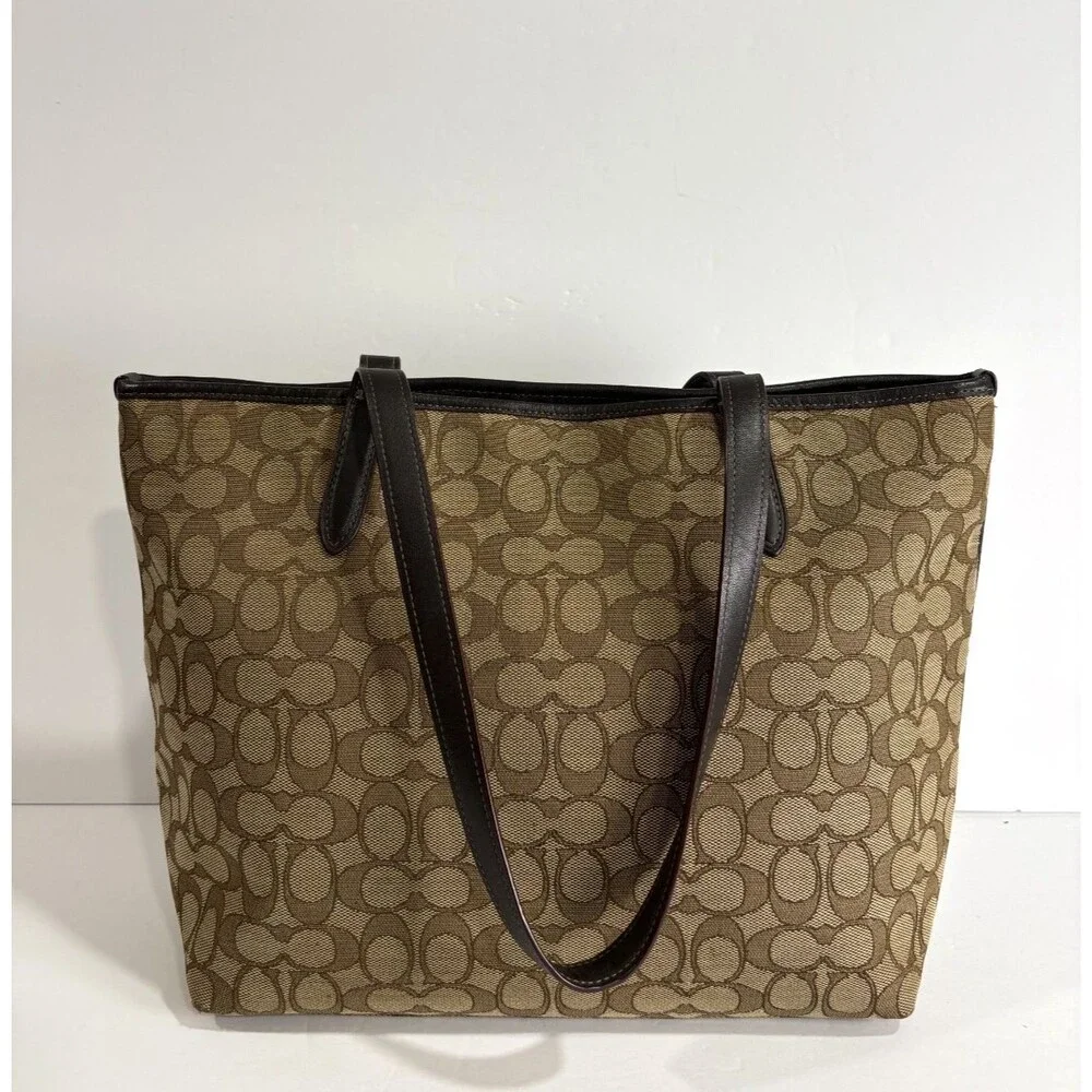 COACH Signature Taylor Tote Khaki Fabric Brown Leather Trim Shoulder Bag Purse